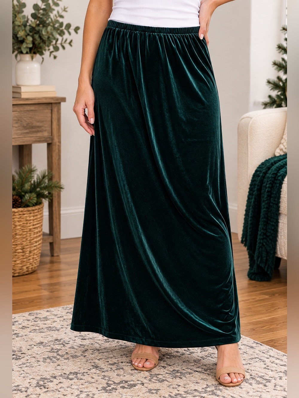 Women’s XL Green Velvet Maxi Skirt Stretch Elastic Waist Holiday Y2K